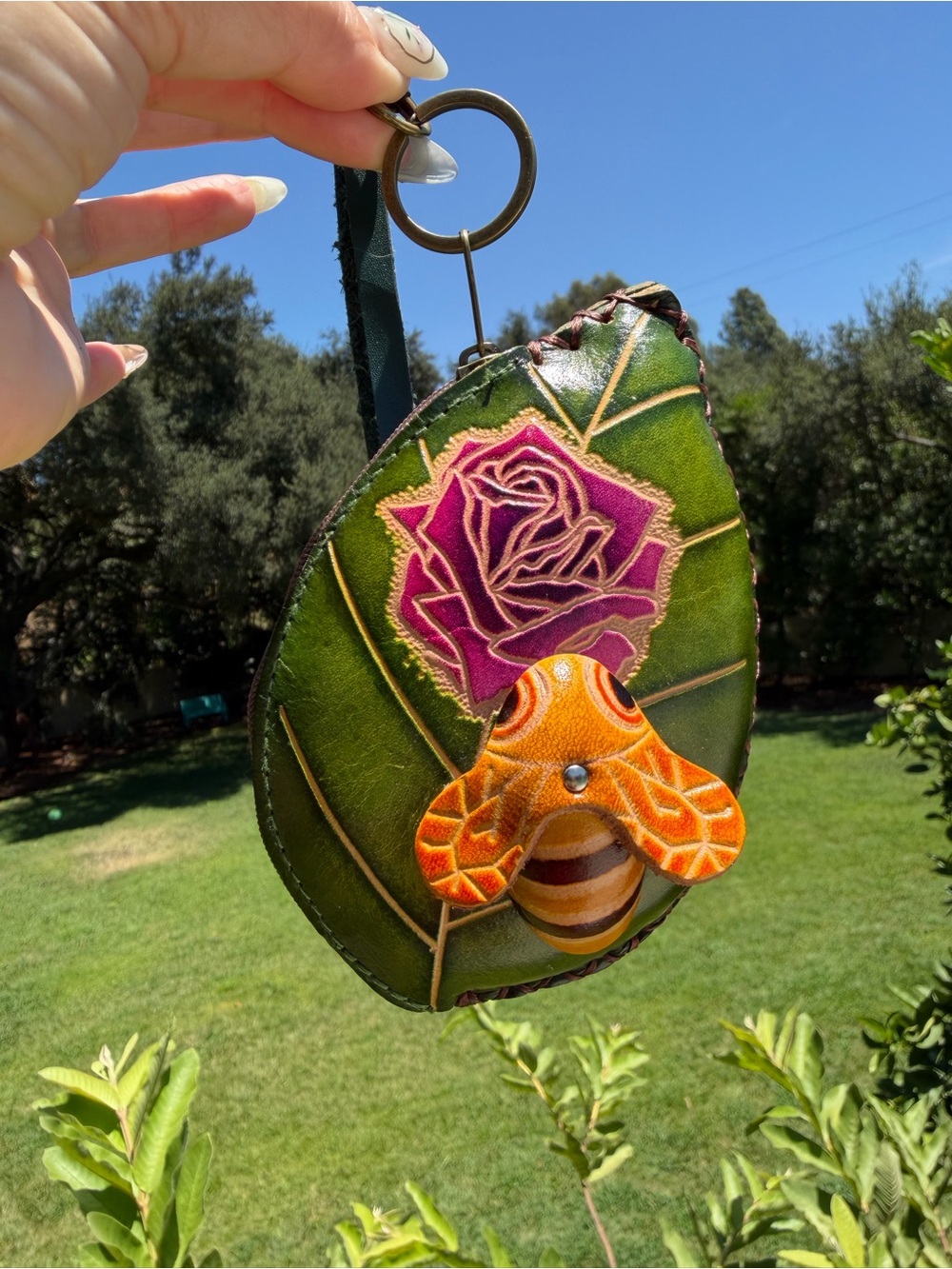 Green Leaf Leather Wristlet with Pink Rose and Orange Bee Accent